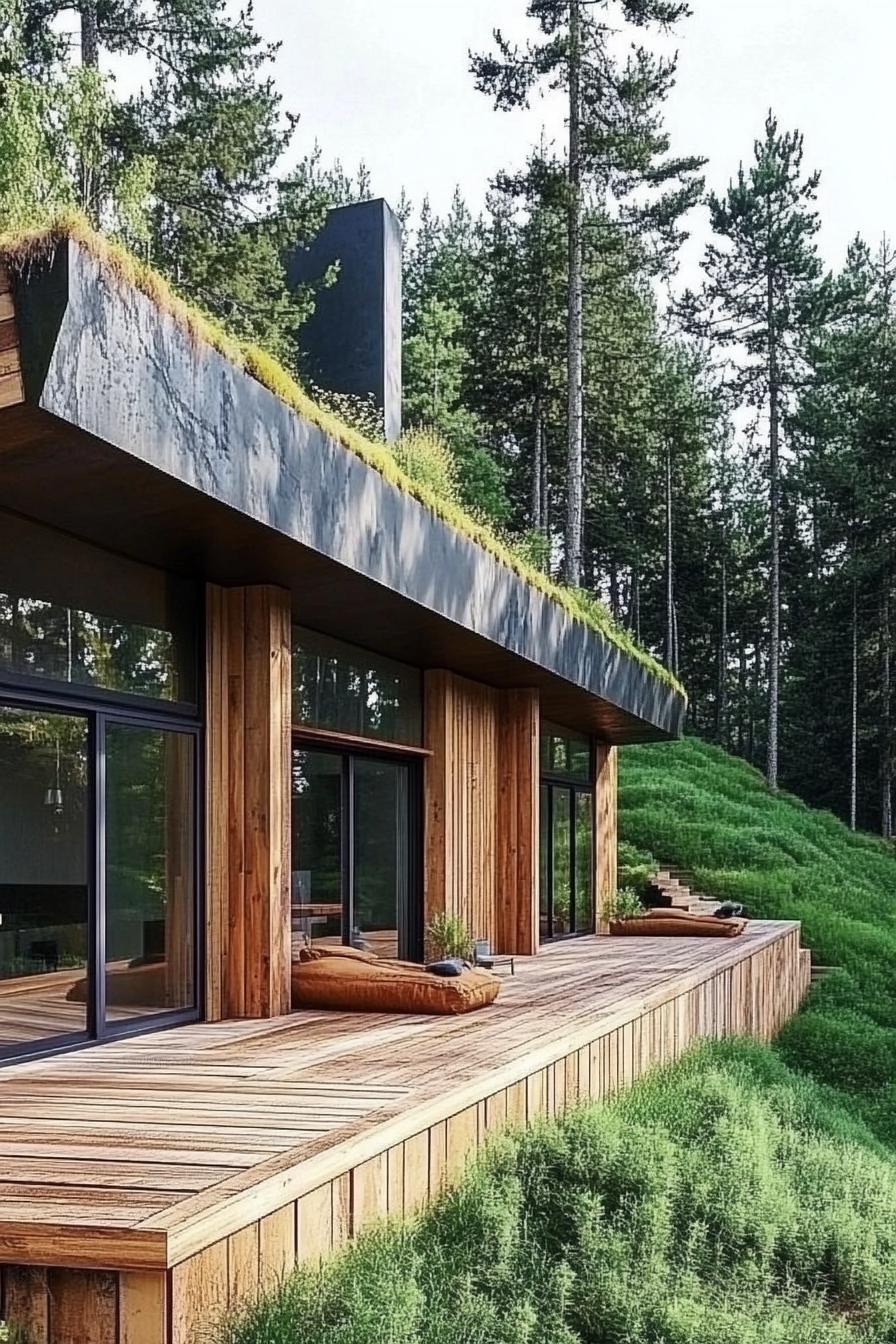 earth sheltered house built into a green hillside bank with large wooden deck large modern windows reclaimed wood siding tall pine trees in the 5