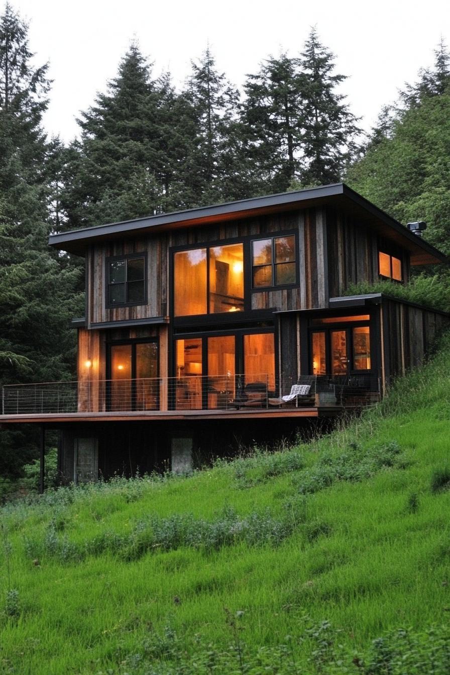 earth sheltered house built into a green hillside bank with large wooden deck large modern windows reclaimed wood siding tall pine trees in the