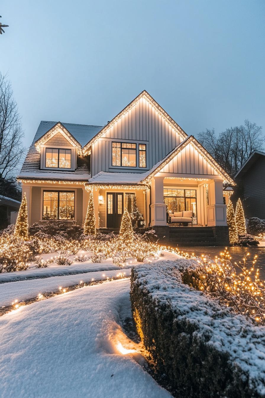 front of a cottage house with white horizontal slat siding bay windows multi pitched roof lined with fairy lights cozy chair with white blanket on