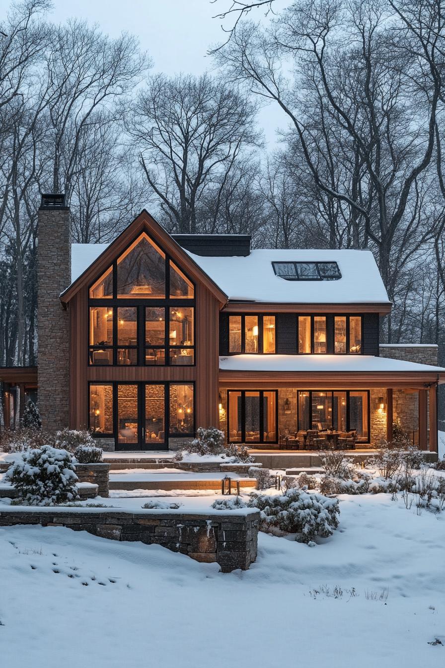 front view of a modern forest mansion in winter wooden siding large modern windows multi pitched roof with snow large front porch front stone 1