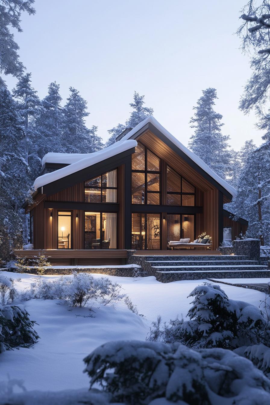 front view of a modern forest mansion in winter wooden siding large modern windows multi pitched roof with snow large front porch front stone 2