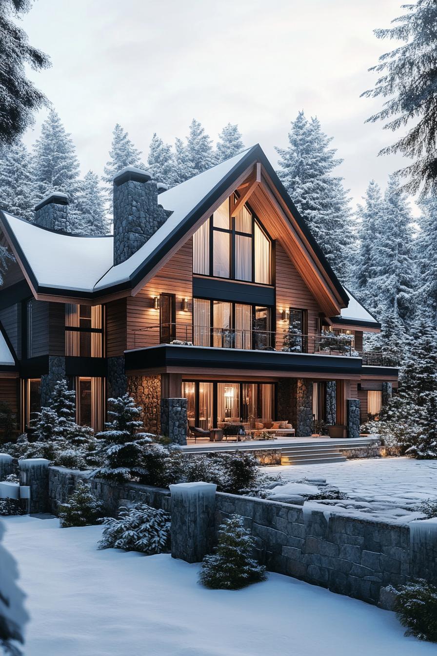 front view of a modern forest mansion in winter wooden siding large modern windows multi pitched roof with snow large front porch front stone 3