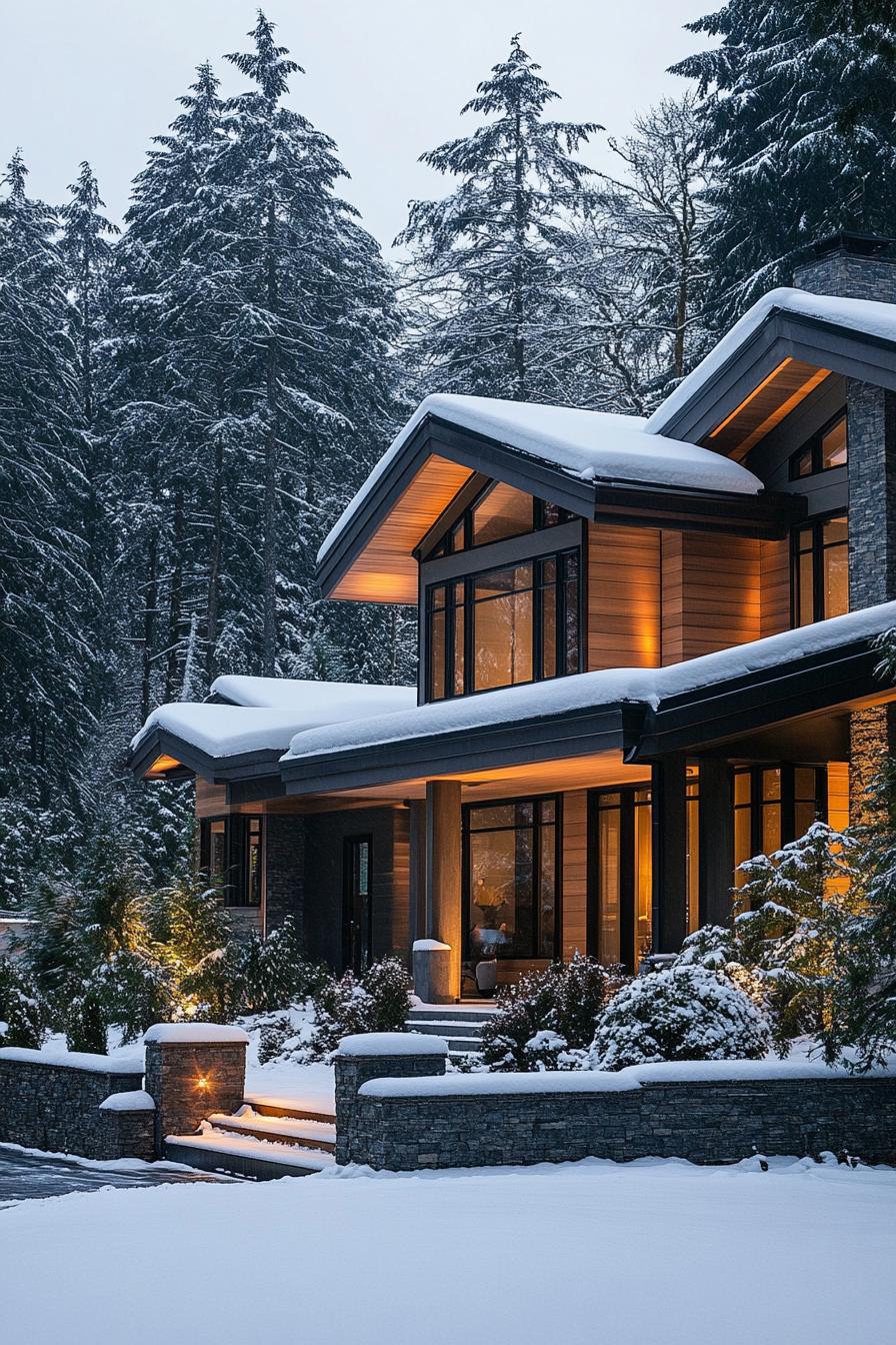 front view of a modern forest mansion in winter wooden siding large modern windows multi pitched roof with snow large front porch front stone