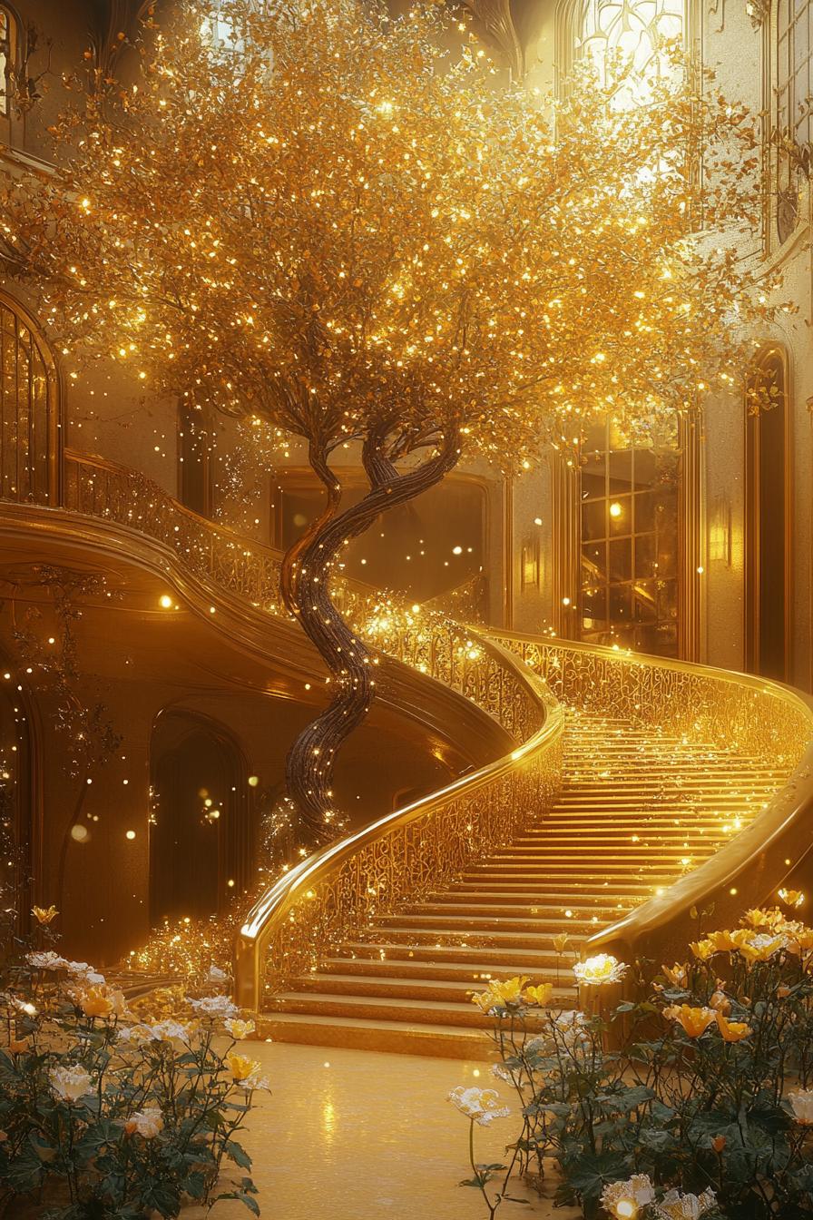 futuristic dreamscape of a golden courtyard with a large tree in the middle with fairy lights there are curved stairs from both sides of the tree 1