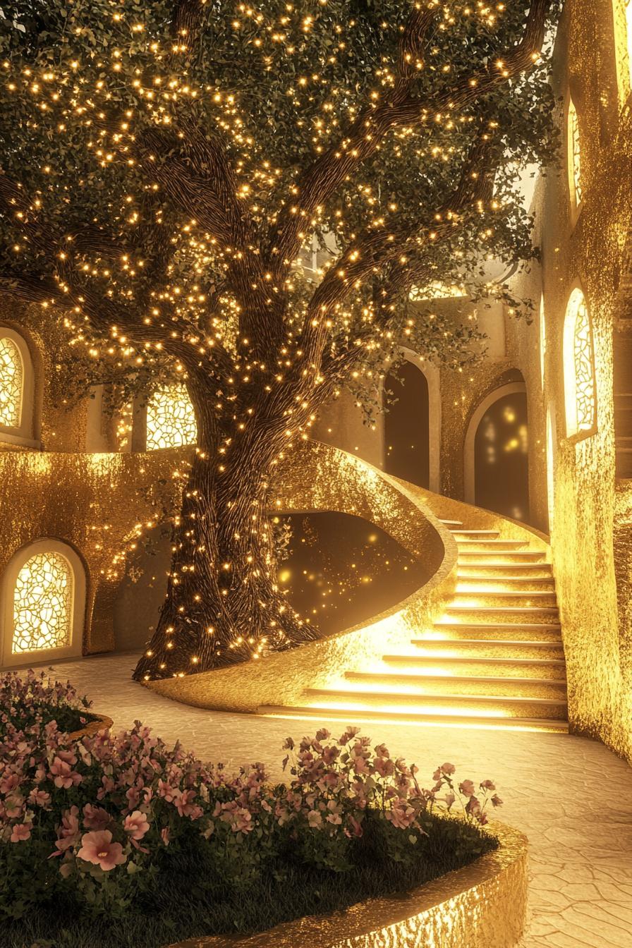 futuristic dreamscape of a golden courtyard with a large tree in the middle with fairy lights there are curved stairs from both sides of the tree