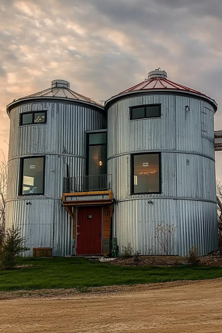 house made of two large grain silos connected with shipping containers the house has modern windows scenic farmland landscape 1