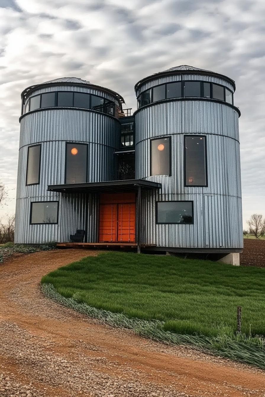 house made of two large grain silos connected with shipping containers the house has modern windows scenic farmland landscape 2