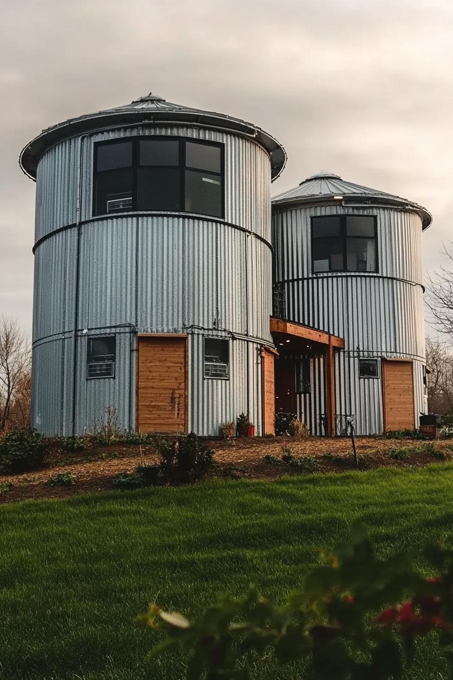 house made of two large grain silos connected with shipping containers the house has modern windows scenic farmland landscape