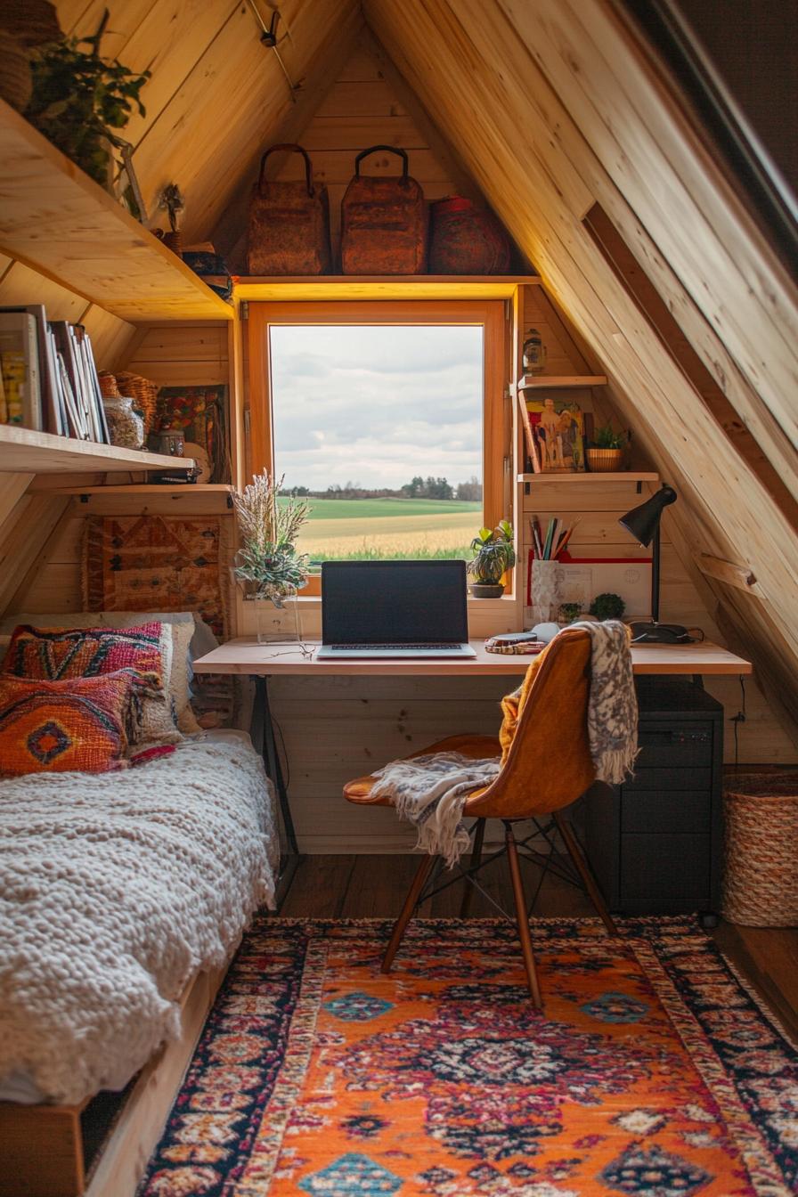 interior of a small wooden cabin a frame ceiling a bed with shelves above a desk with a laptop shelves above desk office chair with throw blanket 1