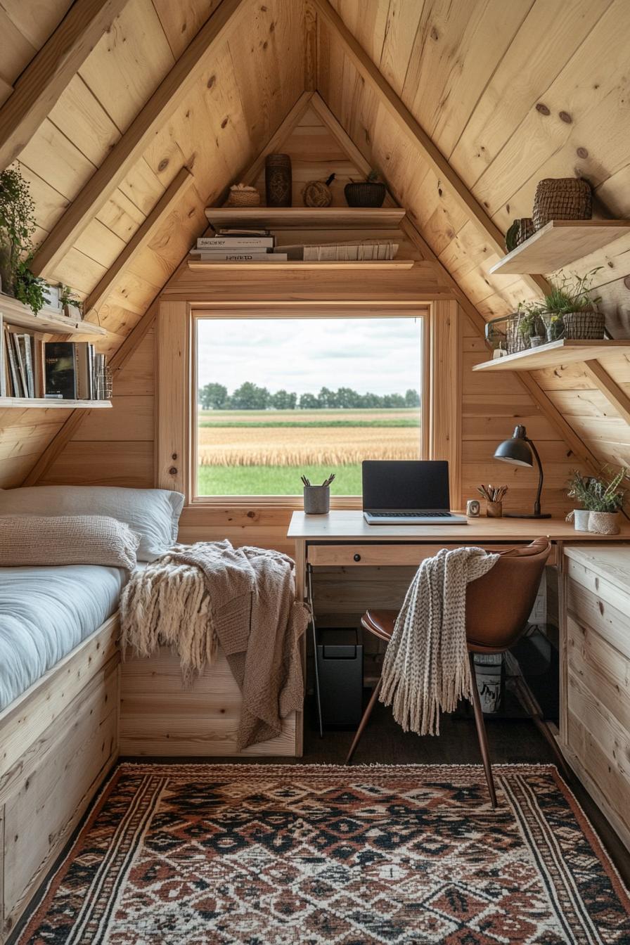 interior of a small wooden cabin a frame ceiling a bed with shelves above a desk with a laptop shelves above desk office chair with throw blanket 2