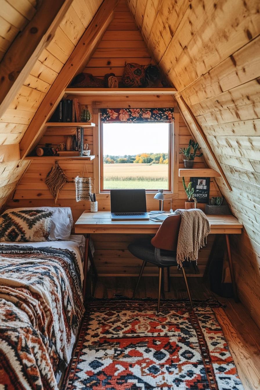 interior of a small wooden cabin a frame ceiling a bed with shelves above a desk with a laptop shelves above desk office chair with throw blanket 3