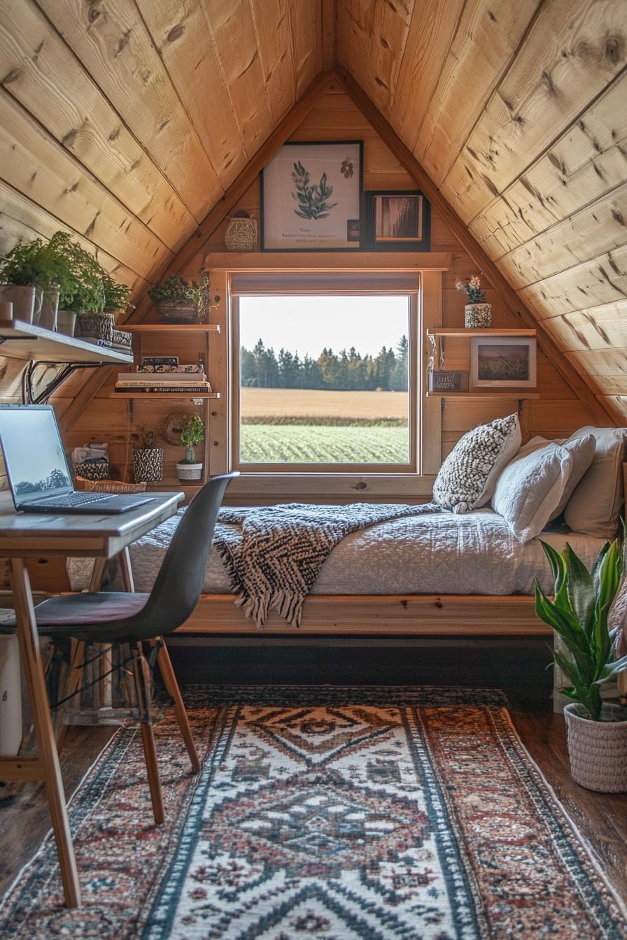 interior of a small wooden cabin a frame ceiling a bed with shelves above a desk with a laptop shelves above desk office chair with throw blanket