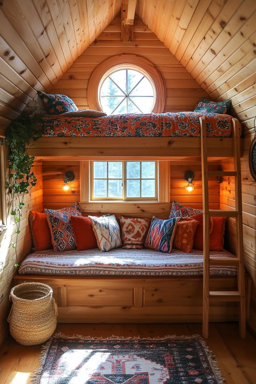 Cozy nook with colorful cushions and wooden loft bed