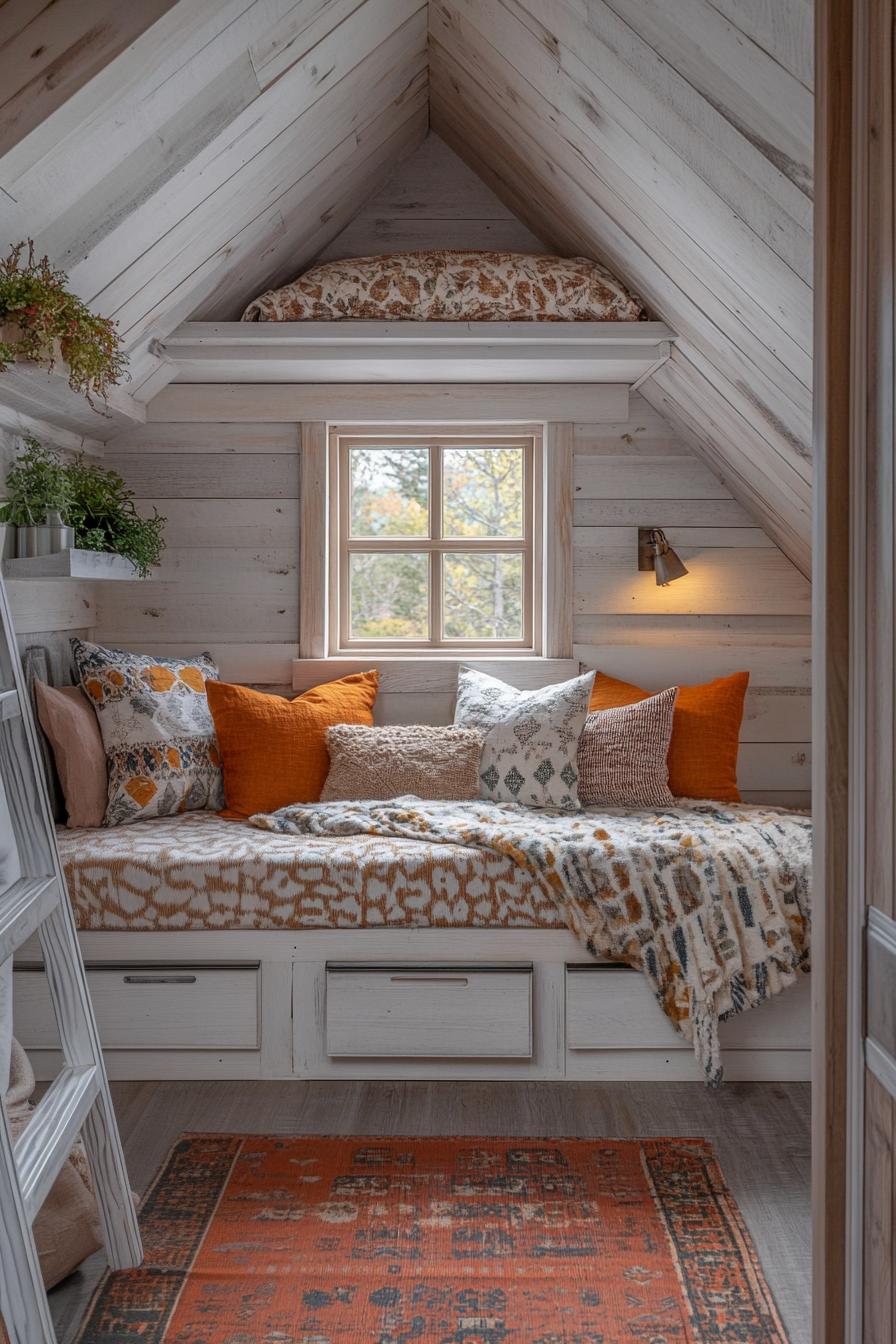 Charming nook in a wooden cabin with colorful pillows