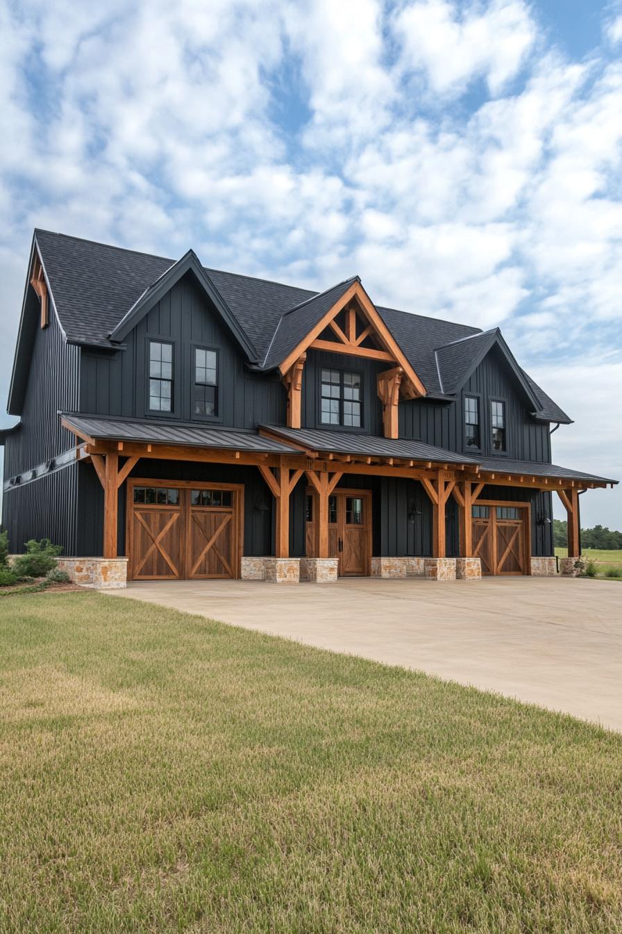 large dark grey shouse barndominium large porch with natural wood beams garage doors in natural cedar modern windows wide driveway landscape with 1