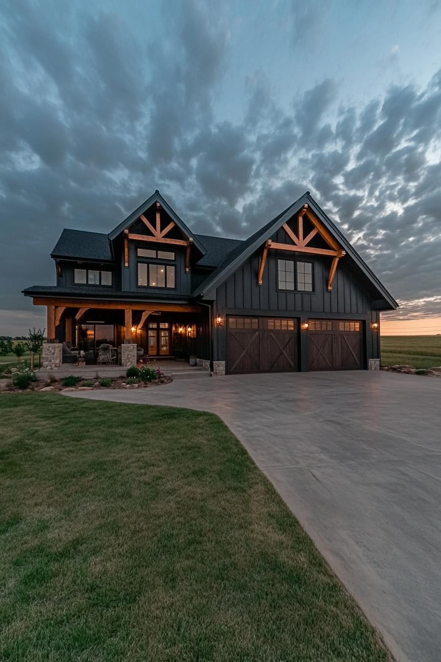 large dark grey shouse barndominium large porch with natural wood beams garage doors in natural cedar modern windows wide driveway landscape with 2