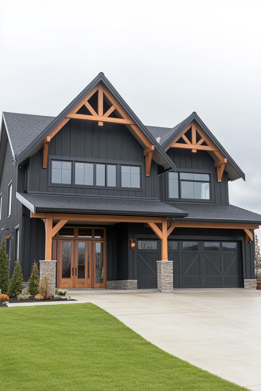 large dark grey shouse barndominium large porch with natural wood beams garage doors in natural cedar modern windows wide driveway landscape with