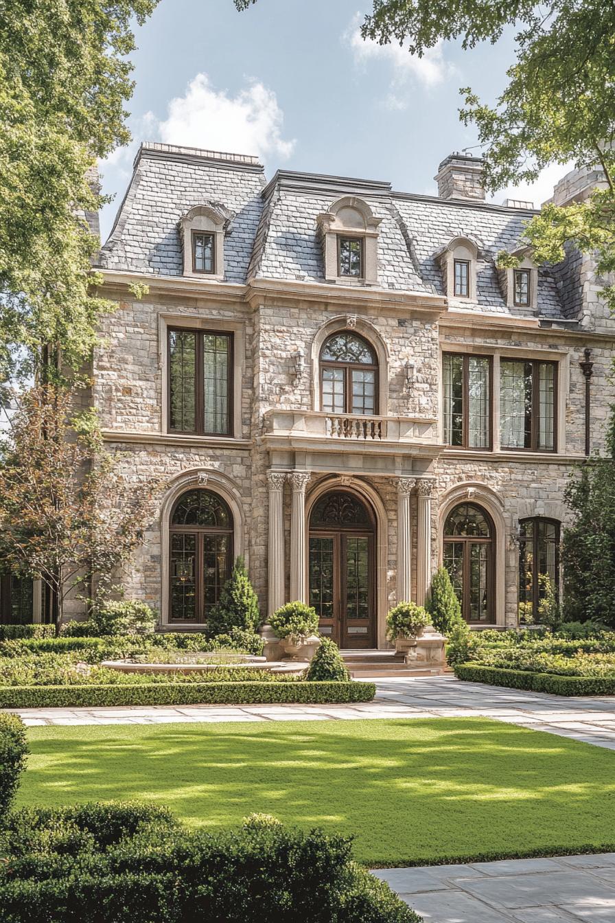 limestone brick manor with ornate gables large windows entrance with columns neat lawn landscaping 1