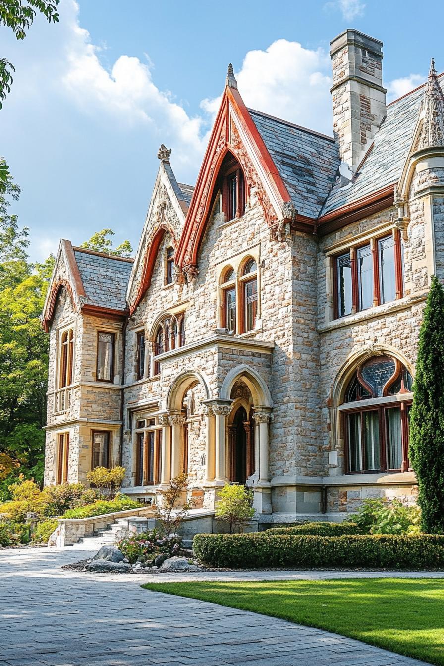 limestone brick manor with ornate gables large windows entrance with columns neat lawn landscaping 2