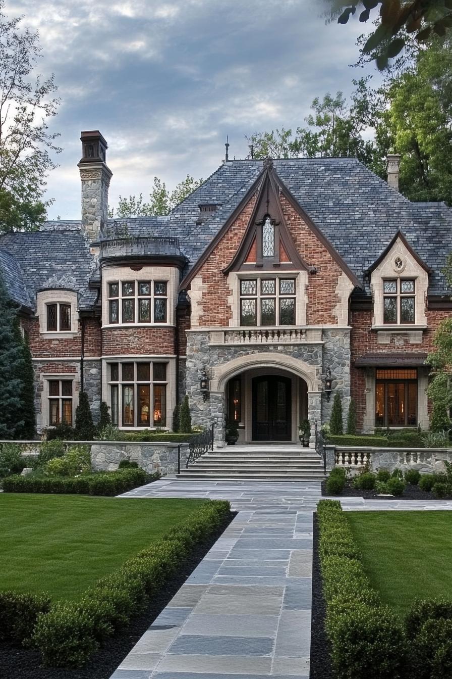 limestone brick manor with ornate gables large windows entrance with columns neat lawn landscaping 3