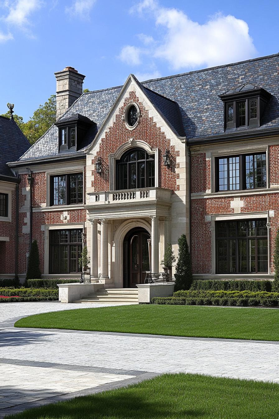 limestone brick manor with ornate gables large windows entrance with columns neat lawn landscaping