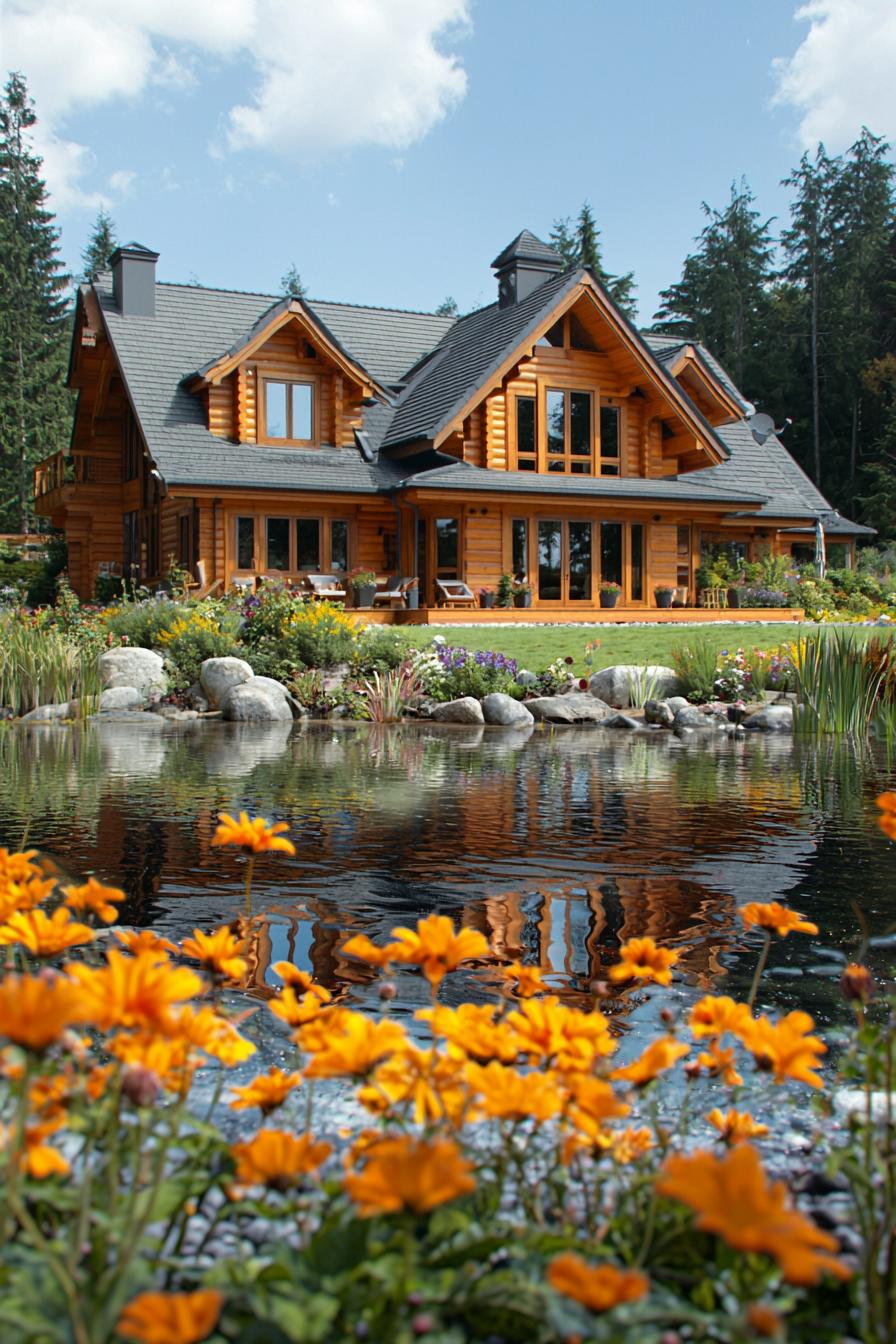 Log house with pond and orange flowers