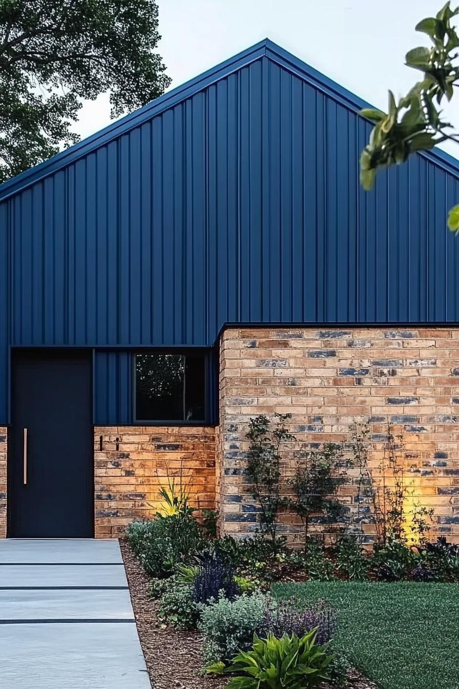 Modern barn house featuring blue metal siding and brick wall