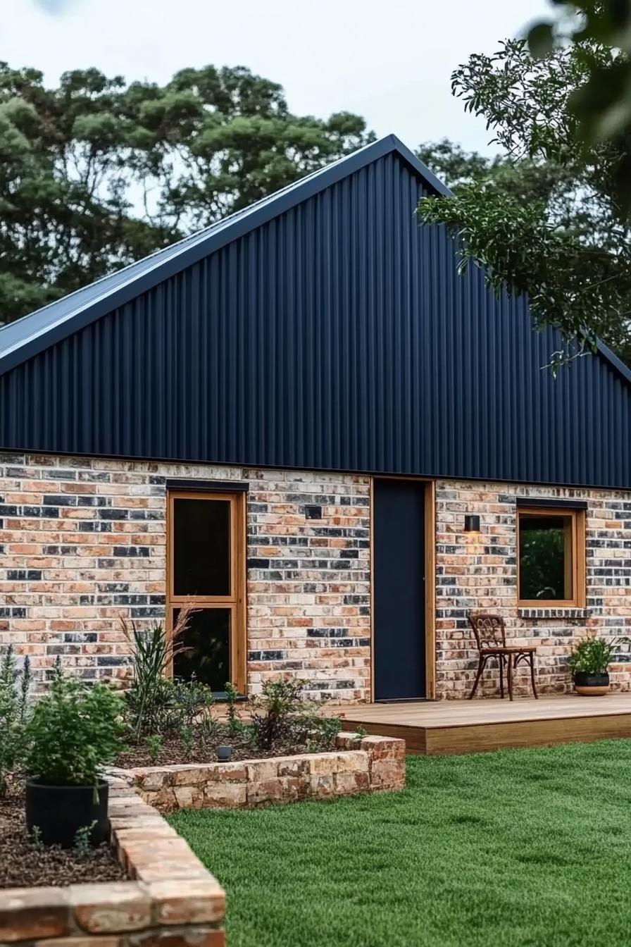 Modern barn house with blue roof and brick walls