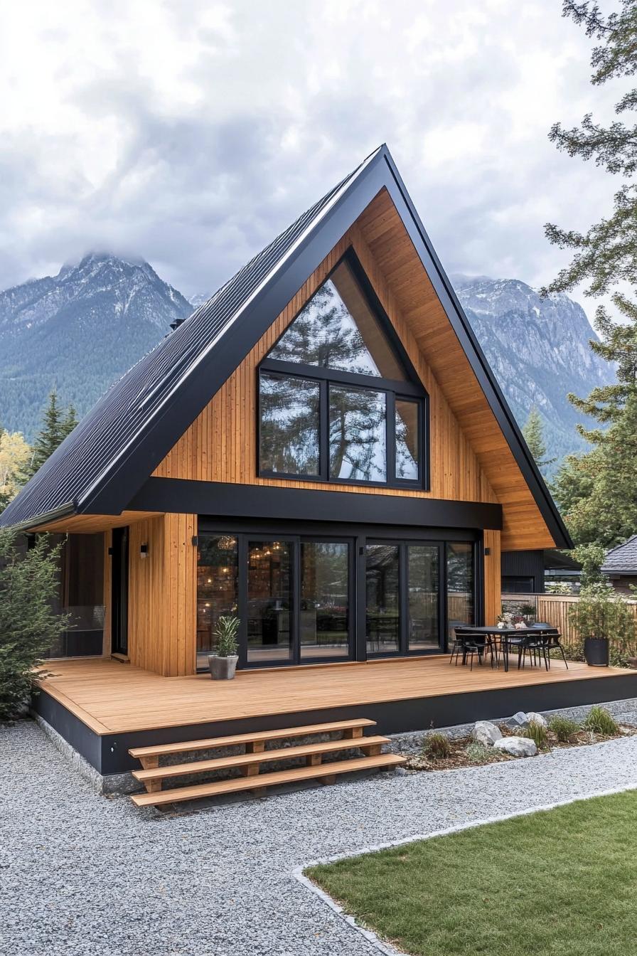 A-frame house with wooden exterior and large windows