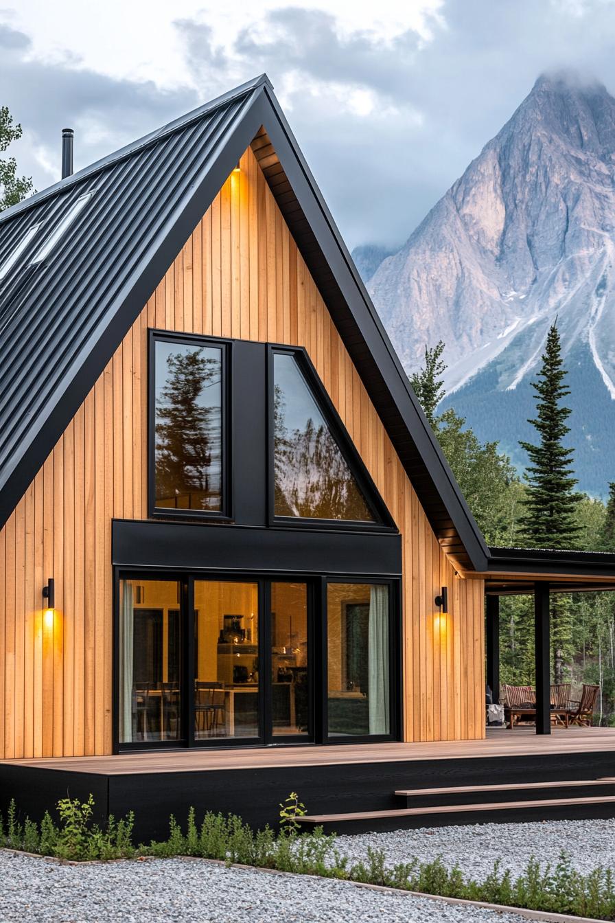 A modern wooden house with large windows and a mountain backdrop