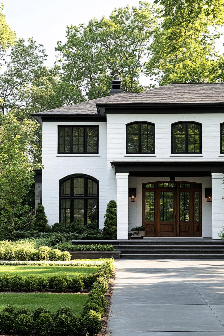 modern blocked white house with dark grey blocks and natural wood doors windows mixed with large and small sizes front yard landscaping with shrubs 1