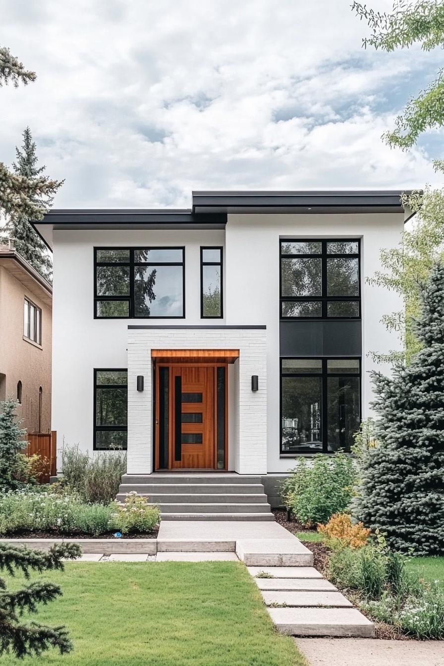 modern blocked white house with dark grey blocks and natural wood doors windows mixed with large and small sizes front yard landscaping with shrubs 2