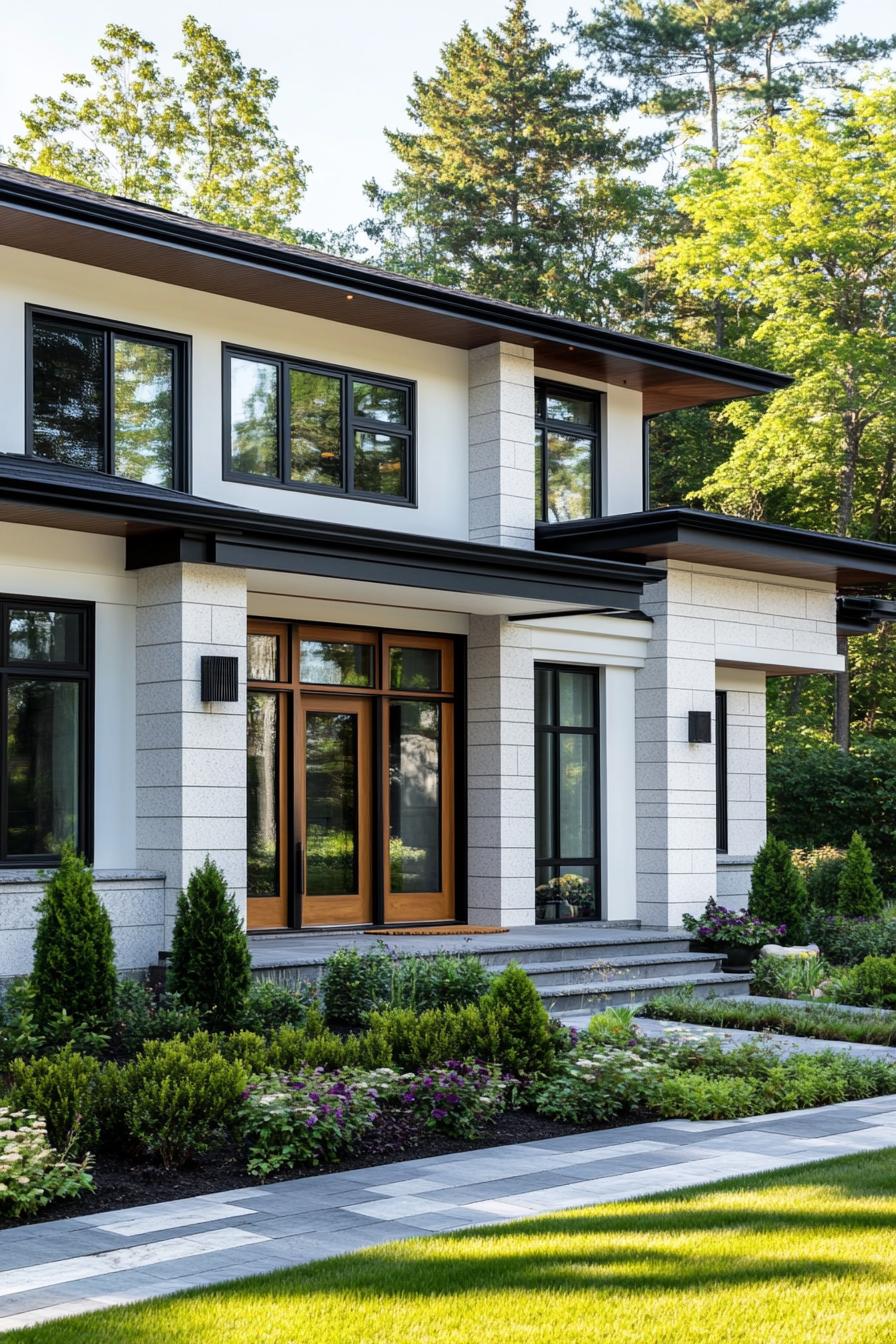 modern blocked white house with dark grey blocks and natural wood doors windows mixed with large and small sizes front yard landscaping with shrubs 3