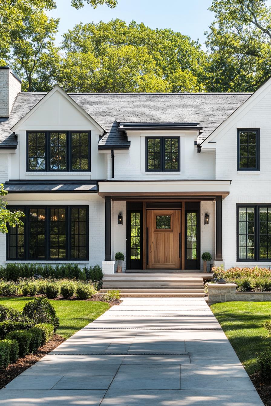 modern blocked white house with dark grey blocks and natural wood doors windows mixed with large and small sizes front yard landscaping with shrubs