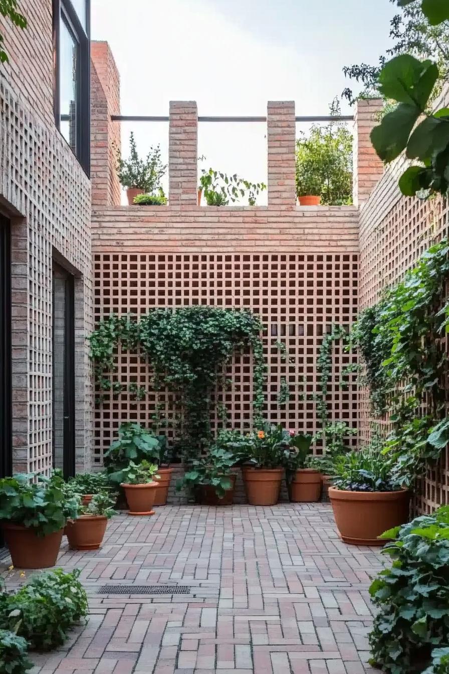 Brick courtyard adorned with climbing plants and potted greenery