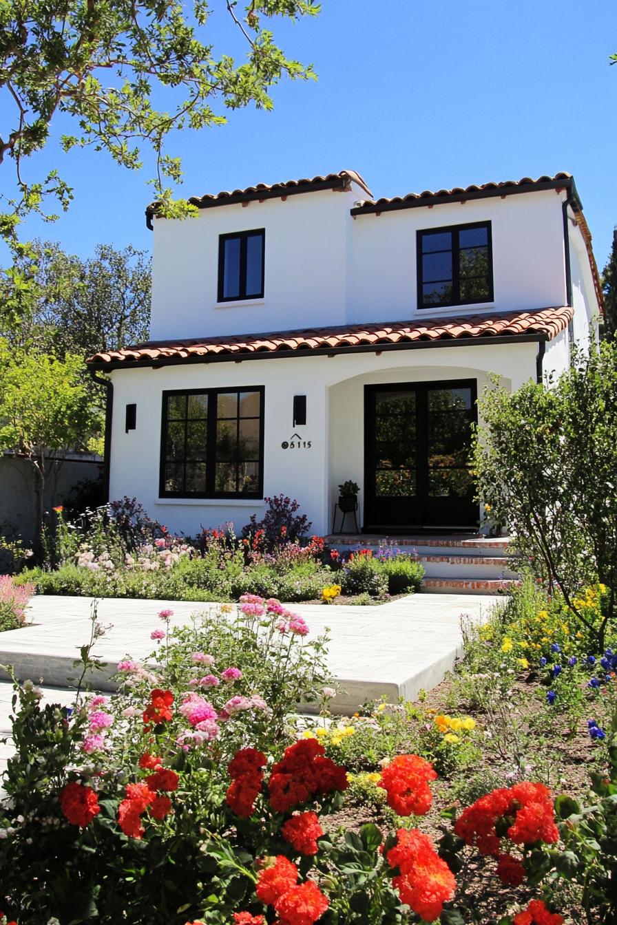 modern cottage house with white stucco siding black modern windows front yard garden with blossoming flowers 1