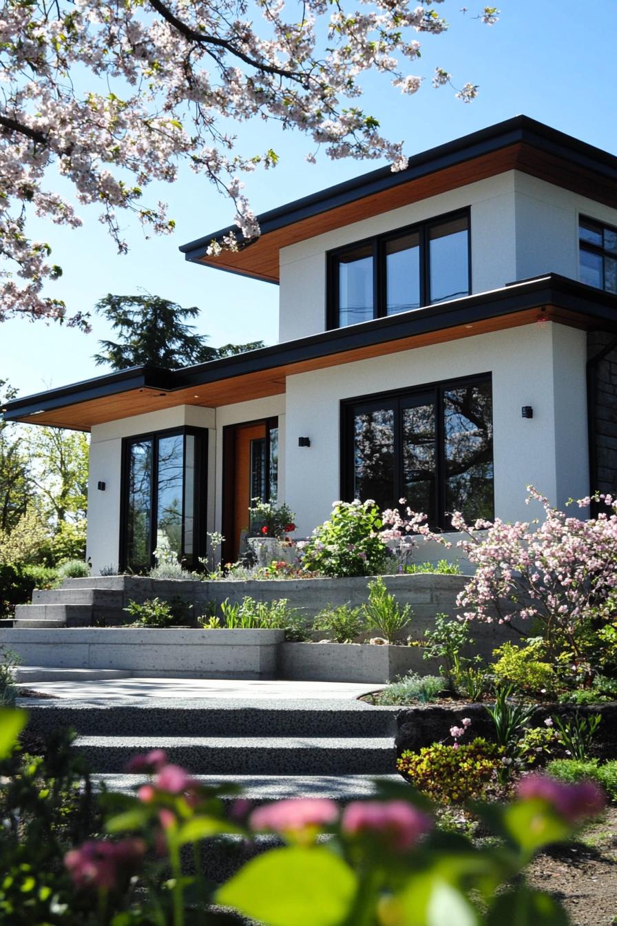 modern cottage house with white stucco siding black modern windows front yard garden with blossoming flowers 2