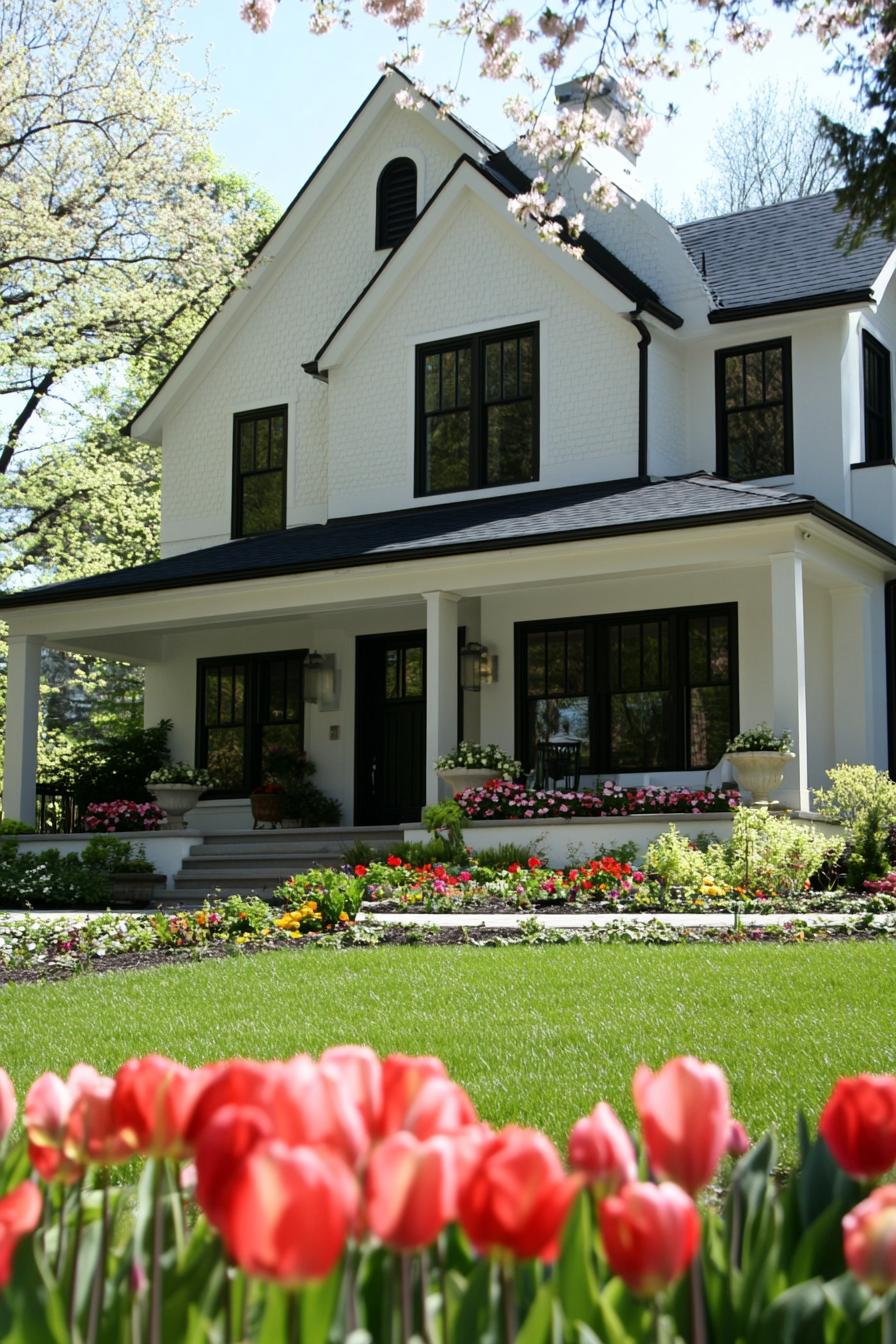 modern cottage house with white stucco siding black modern windows front yard garden with blossoming flowers 3