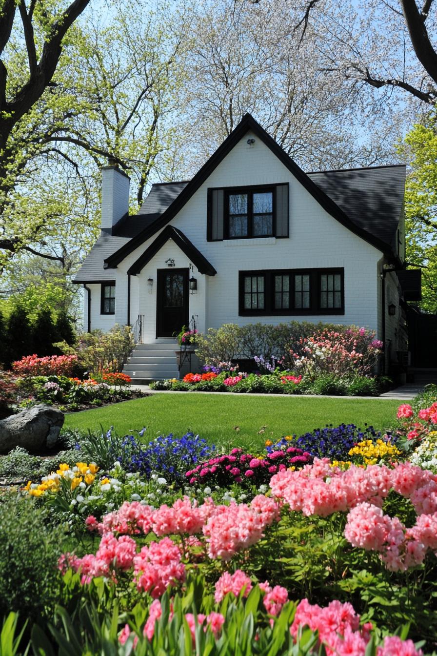 modern cottage house with white stucco siding black modern windows front yard garden with blossoming flowers