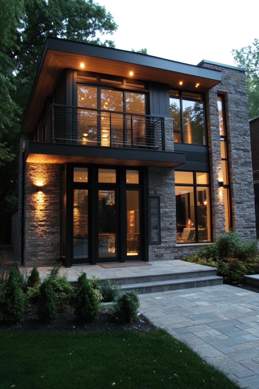 modern cottage inner courtyard facade siding polished stone tile with dark wood large windows balcony with metal railings paved yard geometric 1