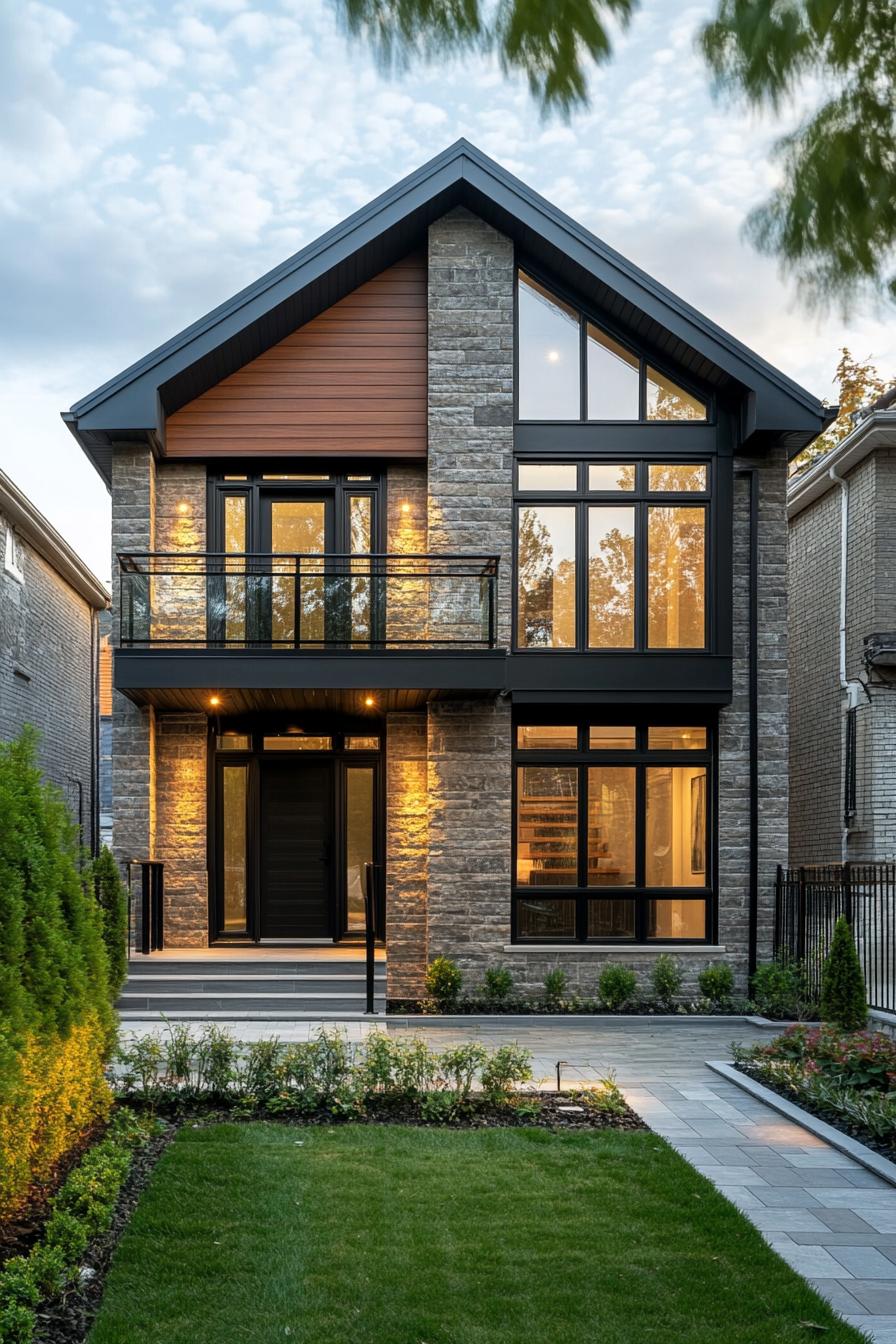 modern cottage inner courtyard facade siding polished stone tile with dark wood large windows balcony with metal railings paved yard geometric 2