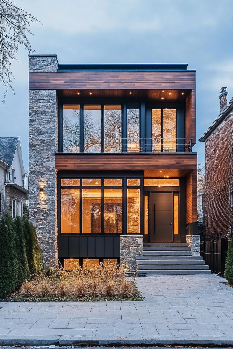 modern cottage inner courtyard facade siding polished stone tile with dark wood large windows balcony with metal railings paved yard geometric