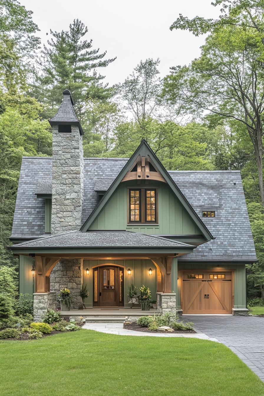 modern european style cottage in pale green painted facade large front chimney gabled multi pitched roof in stone grey tile modern windows front 1