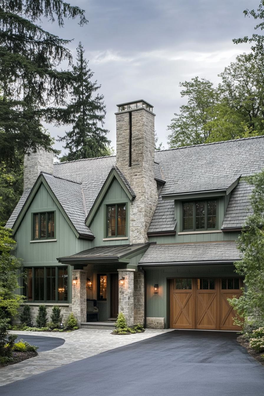 modern european style cottage in pale green painted facade large front chimney gabled multi pitched roof in stone grey tile modern windows front