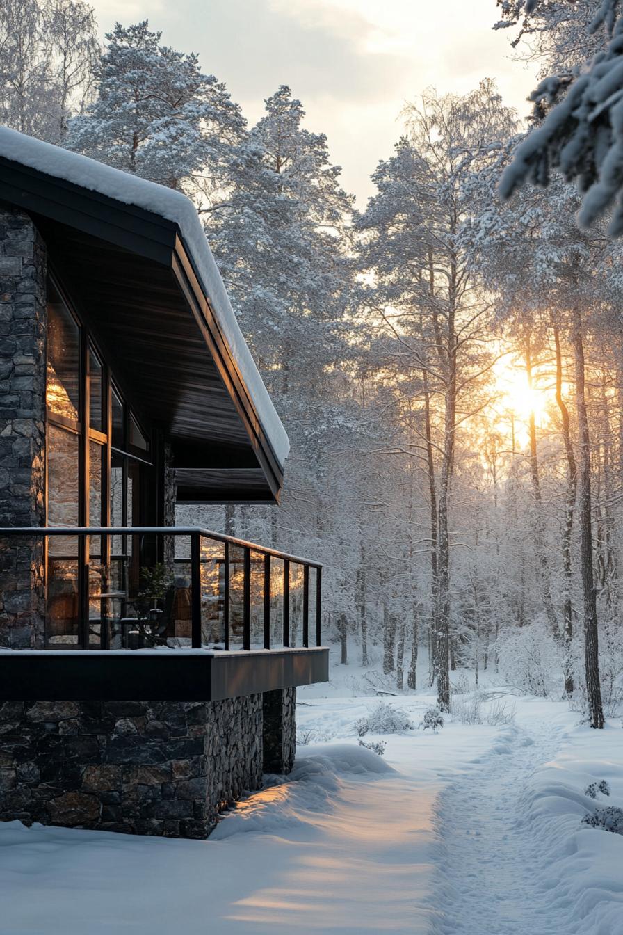 modern forest chalet in stone siding and dark wood details large porch overlooking a snowed in forest during sunset theres a fresh foot path in