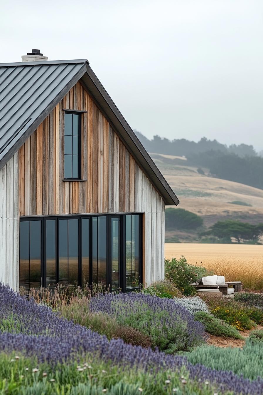 Modern A-frame house with large windows and lavender garden