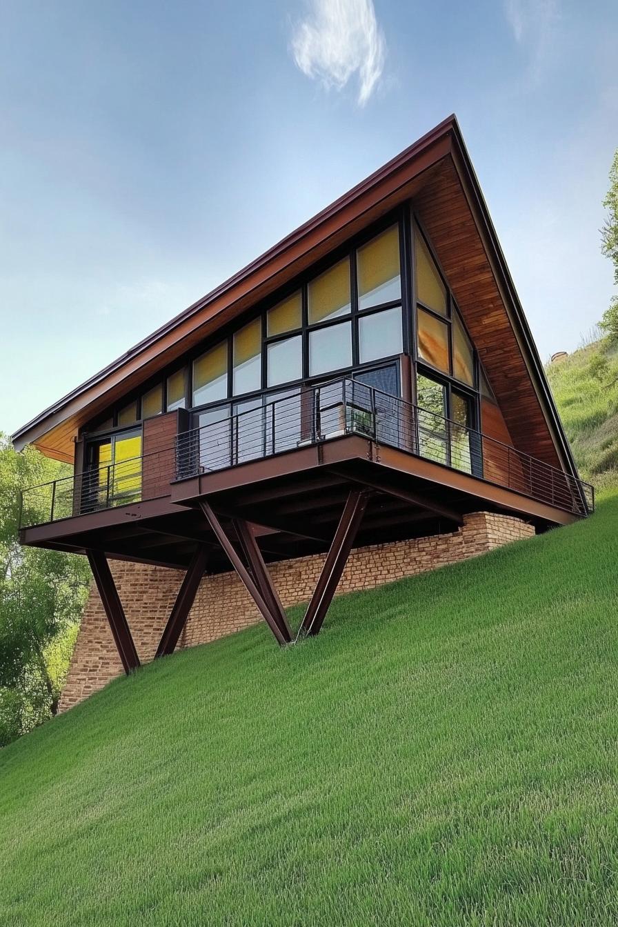 modern geometric cabin house on a steep green hillside slope supported on brick columns it has geometric a frame roof a balcony modern windows v