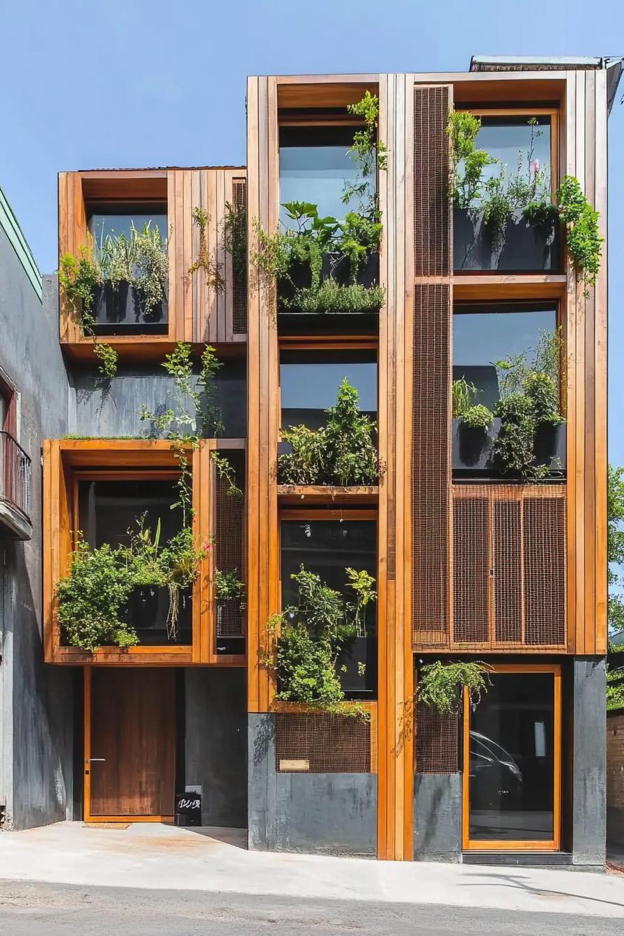 Wooden facade with plants enlivening it