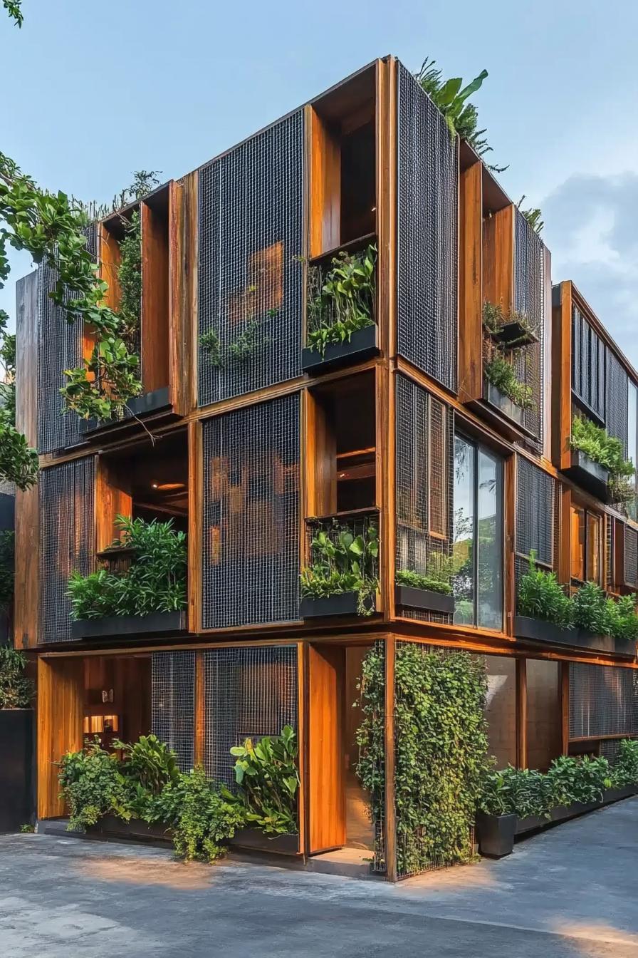 Lush wood facade with greenery