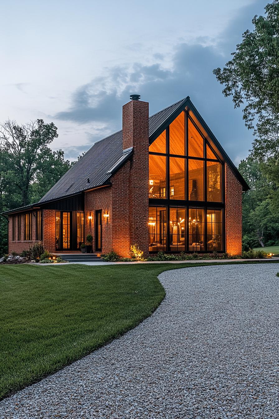 Modern barn house with large glass windows and brick exterior at dusk